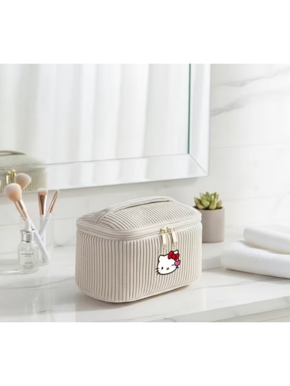 Hello Kitty Corduroy Makeup Bag Large Cosmetic Organizer Travel Toiletry Case